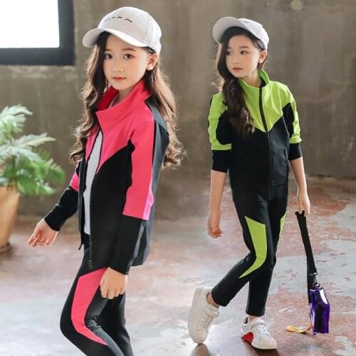 Girls Spring Autumn Sports Clothing Sets Big Children Mixed-Color Jackets +Pants 2pcs Oufit Teen Kids Fashion School Clothes Set