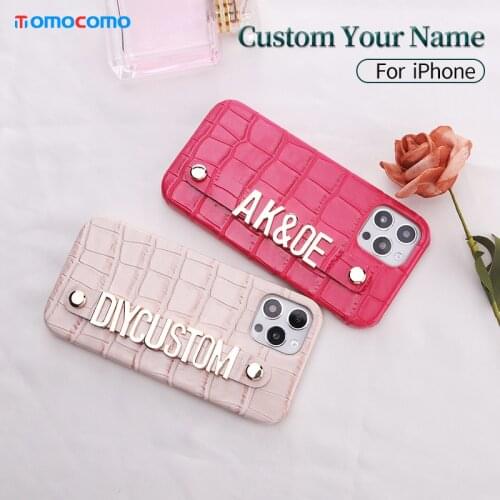 Custom Name Luxury Crocodile Leather Phone Case For iphone 11 12 Pro Max Mini 7 8 Plus X XR XS Max Diamond Metal Letters Cover