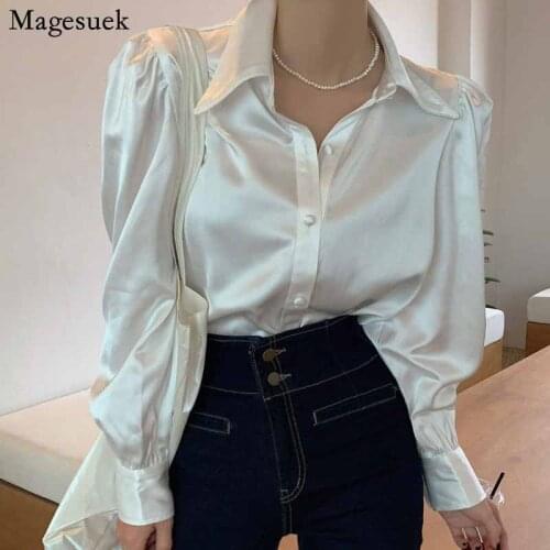 Korean Bubble Sleeve Loose Satin Button Lapel Shirt Elegant Women Shirt Tops White New Chic Women Blouse Blusas Mujer 12635