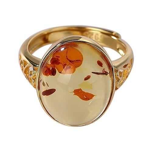 S925 sterling silver gold-plated natural amber piebald amber ring retro simple egg noodles Womens Open ring