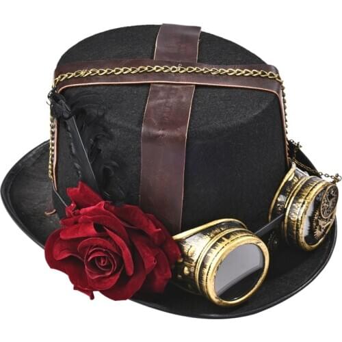 Steampunk DIY Fedora Hat Punk Leather Belt Chains Rose Top Hat With Glasses Women Gothic Gear Fedoras Hat For Men Millinery