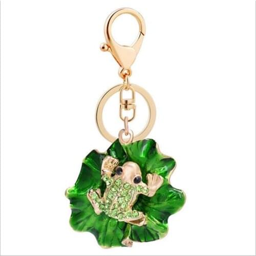 Rhinestone Cute Gree Frog Lotus Leaf Crystal Keyring Charm Purse Handbag Car Key Keychain Party Wedding Friend Gift