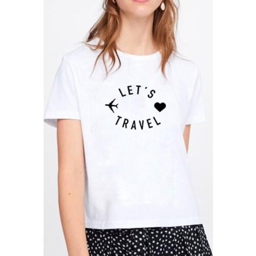 Lets Travel Printed Tee Shirt Femme O-neck Short Sleeve Cotton Tshirt Women Black White Summer Loose T Shirts for Women Tops