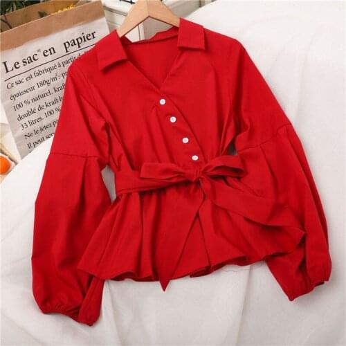 Lantern sleeve V-neck chiffon shirt womens 2021 spring and summer new Korean style fashion design high waist tie casual shirt