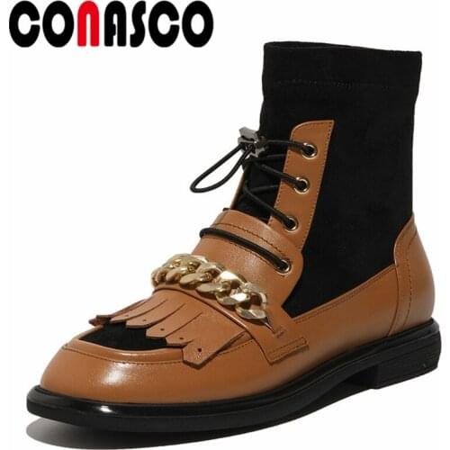 CONASCO Brand Design Women Ankle Boots Autumn Winter Warm Cow Leather Party Causal Prom Office Boots Retro Design Woman