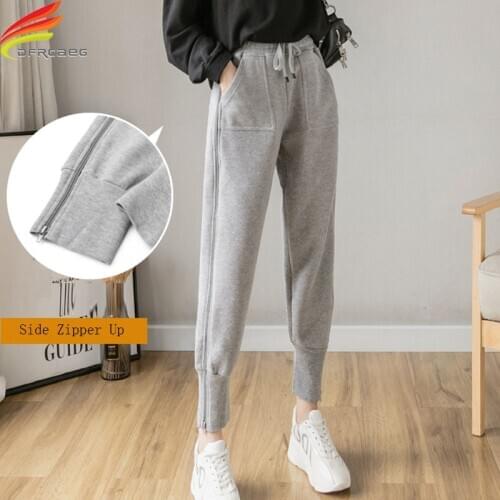 New 2020 Winter Pants Women Gray Or Black Color Full Length Thicken Velvet Warm Trousers Streetwear Side Zipper Up Pantalones