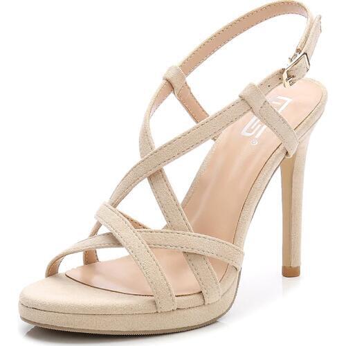 European American Wind Suede Wild Female Sandals High Heel Stiletto Solid Color T-strap Buckle Party Sandals Female Open Toe