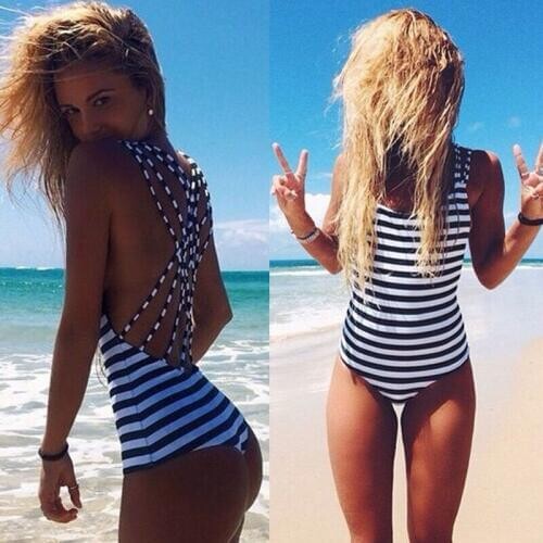 New Fashion Summer Sexy Women Bikini Bodysuit Striped Backless One Piece Swimsuit Swimwear Bathing Monokini Push Up Beachwear