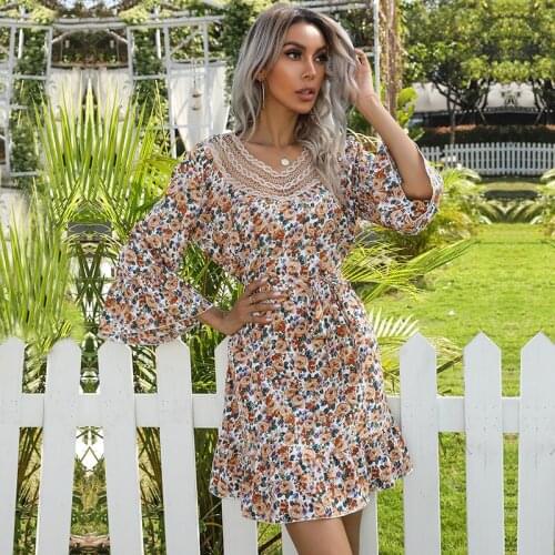 Spring Summer Print Short Dress Women 2021 New Lace O Neck Flare Sleeve Floral Dress Ladies Casual Slim Party Dresses