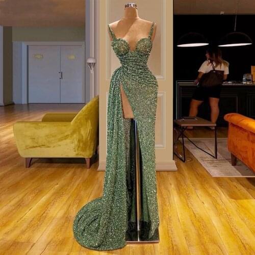 2021Spaghetti Straps Elegant Vestido De Gala Green Sequin Mermaid Prom Dresses Women Formal Party Night Side Split Evening Gown
