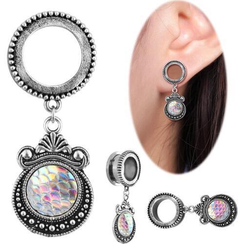 1 Pair Sale New retro color fish scale Fashion Surgical Steel Dangle Screw Ear Plug Saddle Flesh Tunnel Ear Gauge Expander