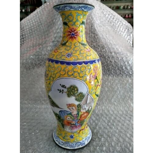 8.86 inch/The ancient Chinese colored enamel copper vase mother and child