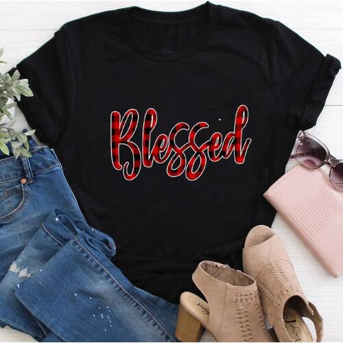 Blessed Plaid Printed 100%Cotton Women Tshirt Christian Shirts Womens Summer Casual Short Sleeve Top Blessed Tee Faith Shirt