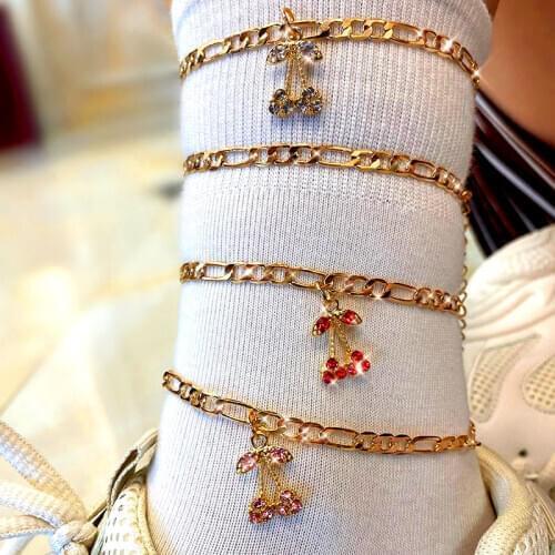 Flatfoosie 2Pcs/Set Fashion Cherry Crystal Anklet Bracelet For Women Gold Color Sweet Fruit Anklet Barefoot Sandals Foot Jewelry