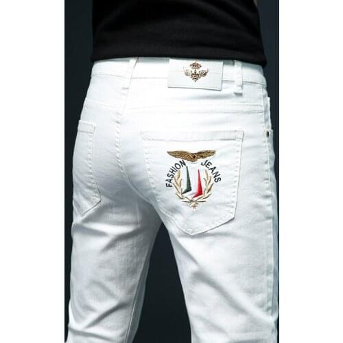 Spring summer New Mens thin slim White jeans Stretch Embroidery decoration Denim mens fashion trousers male Brand Pants