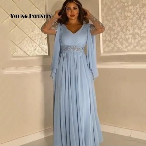 Elegant V Neck Light Purple Long Sleeves Prom Dress 2021 Delicate Chiffon A Line Formal Evening Party Gown Saudi Arbia Style