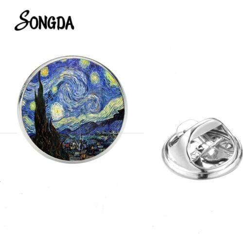 Classic Van Gogh Oil Paintings Brooch Pins Retro Starry Night And Sunflower Glass Photo Art Clothing Collar Pin Collected