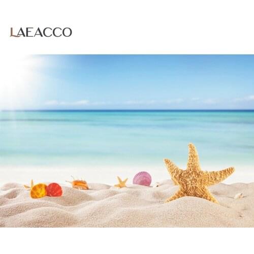 Laeacco Starfish Shell Sand Seaside Beach Summer Photo Backdrop Blue Sky Baby Shower Nature Scenery Backgrounds For Photo Studio