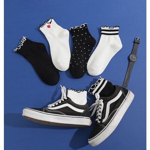 Socks Women Cotton Red Heart Polka Dot Socks Ruffle Striped White Black Cute Black Short Socks Casual Sock Ladies Soks For Girls