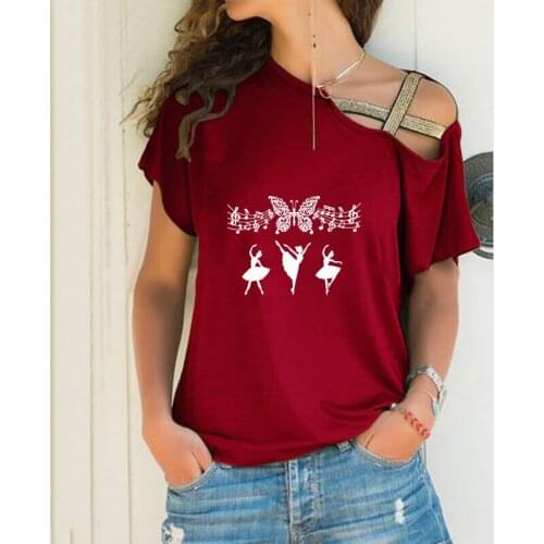 Butterfly Music Note Dance Girl New Loose Irregular T-shirt Women Sexy Skew Neck Cross Bandage Tops for Female Lover Gift