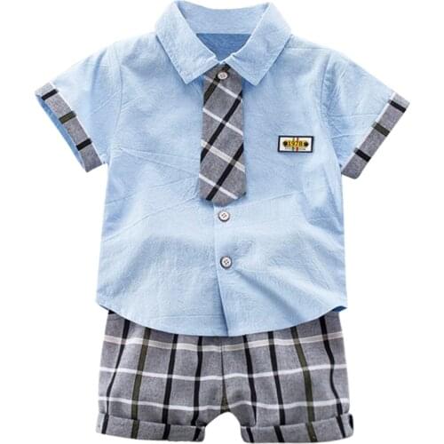 New Summer 2021 Boys Clothing Set Plaid Lapel Short Sleeve T-shirt and Shorts Two-piece Suit for Birthday Party Photography