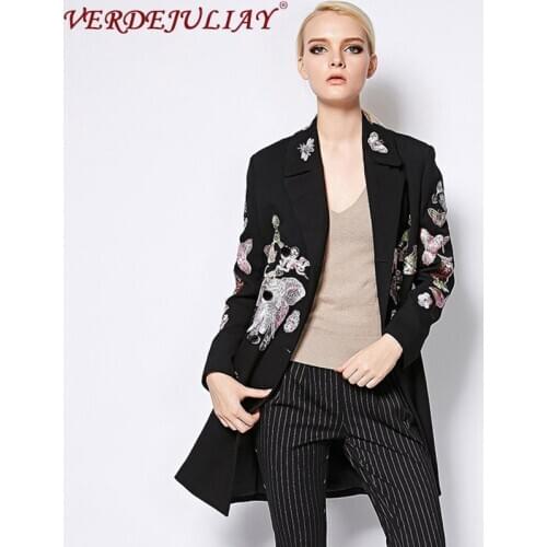 Wholesale Women Outerwear European Casual Runway Design Cartoon Pattern Long Coat Woolen Luxury Embroidery Vintage Windbreaker