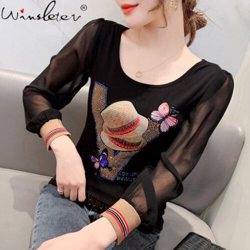 Fall Winter European Clothes T-Shirt Girls Fashion Sexy Shiny Diamonds Spliced Chiffon Long Sleeve Women Tops 2021 Tees T19202A