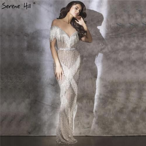 Silver Mermaid Sleeveless Luxury Evening Dresses 2020 Dubai Beading Tassel Sparkle Formal Dress Design Serene Hill LA6543