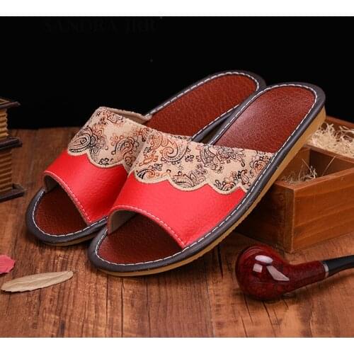 SANDRA JRR Men Women House Slippers Embroidery Leather Open Toe Flat Heel Summer Autumn Spring Home Floor Shoes Anti Skid Slides