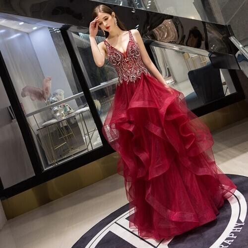 Sexy V-Neck Dark Red Evening Dresses Layers Tulle with Beading Sequins Prom Dress High Quality Runway Gowns