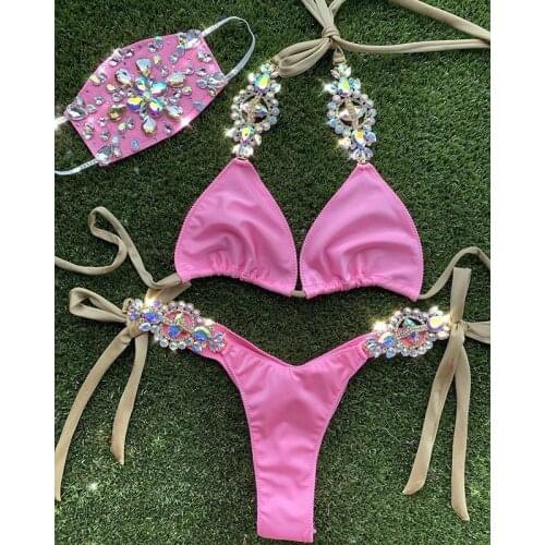 Sexy Rhinestone Bikini 2021 Women Solid Pink Sequin Crystal Diamond Mask 2 Piece Swimsuit Brazilian Bathing Suit Thong Swimwear
