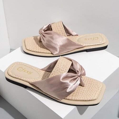 Women Slippers Ribbon Personality Stone Pattern Design Flip Flops Solid Color Non-slip Sexy Square Head Open Toed Woman Shoes