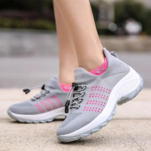 Patchwork knit sock shoes woman lace-up platform casual sneakers women shoes breathable wedge sneakers ladies plus size
