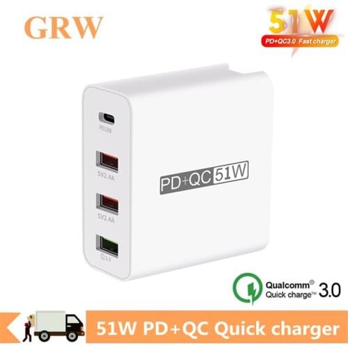 Grwibeou Universal 51W PD QC 3.0 4.0 USB adapter wall Quick charger for Iphone Samsug Huawei EU Plug Mobile Phone Fast charging