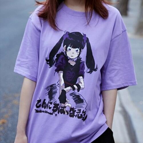 Cartoon Anime Bear Kawaii Print Punk Goth Y2K Dropshipping Women T-Shirts Short Sleeve Vintage Plus Size Clothes Cotton Kpop Top