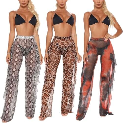 See Througher Chiffon Pants Women Bikini Cover Up Bottoms Leopard Serpentine Tie Dyed Print Pants High Waist Pants Side Ruffles