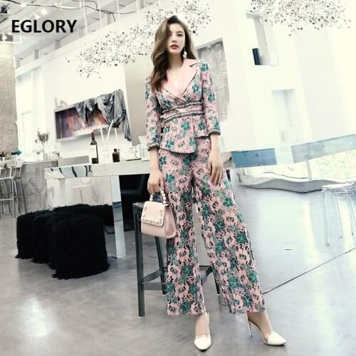 2020 Autumn Fashion Blazer Jacket Sets High Quality Women Notched Collar Lace Blazer Coats+Split Sexy Long Lace Pant Sets 2pc