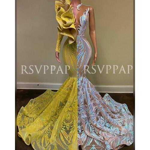 Long Prom Dress 2020 African Black Girl Sexy See Through Glitter Sequin Long Sleeve Contrast Color Mermaid Prom Dresses