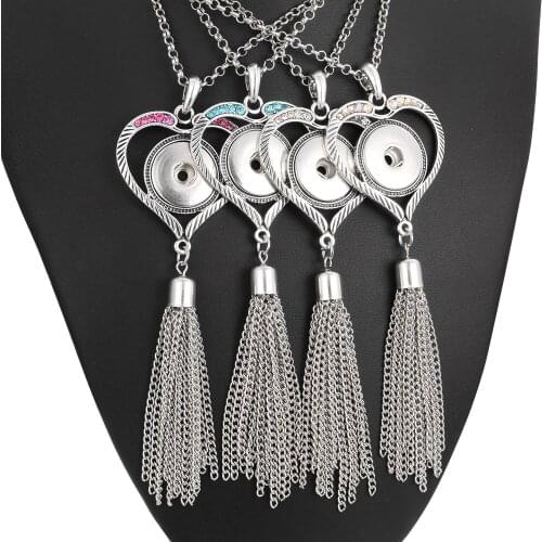 New Snap Button Jewelry Love Heart Bohemian Tassel Necklace 18mm Metal Snap Pendant Necklace with Chain for Women Summer Jewelry