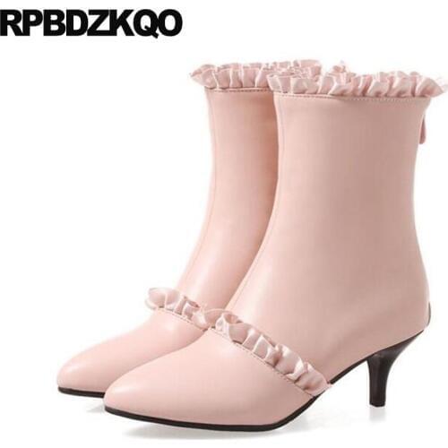 Winter High Heel 13 45 Waterproof Women Ankle Boots Medium Big Size Thin Ruffles Cheap Pink Pointed Toe Cute Stiletto Shoes Fur