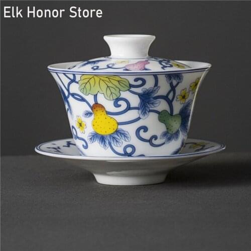 125ml Dehua Calabash White Porcelain GaiWan Handmade Vine Pastoral Ceramic Bowl With Lid Sancai Tea Cup Sopera Kung Fu Teaware