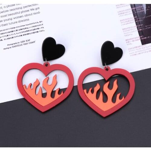 Acrylic Red Heart Fire Dangle Earrings Pendant Statement Women Fashion Jewelry F3MD