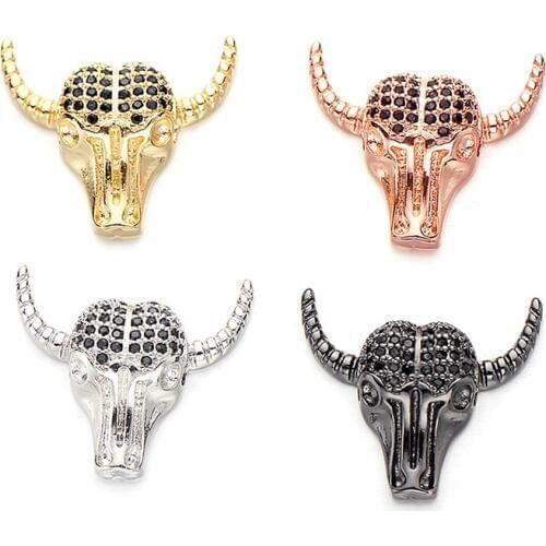 Black CZ Zircon Big Bull Cattle Head Beads Jewelry Making Copper Charms DIY Beads fit Macrame Men Bracelet