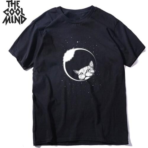 COOLMIND 100% cotton moon cat print men T shirt casual short sleeve cool cat men Tshirt o-neck t-shirt men tee shirts tops