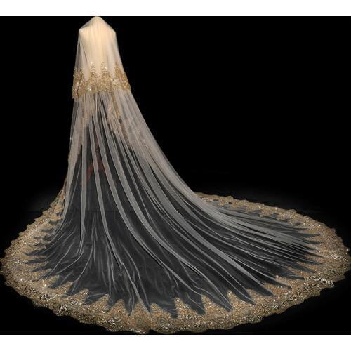 New Two Layers 3M Golden Lace Long Wedding Veil Champagne Bridal Veil with Comb Velos De Novia