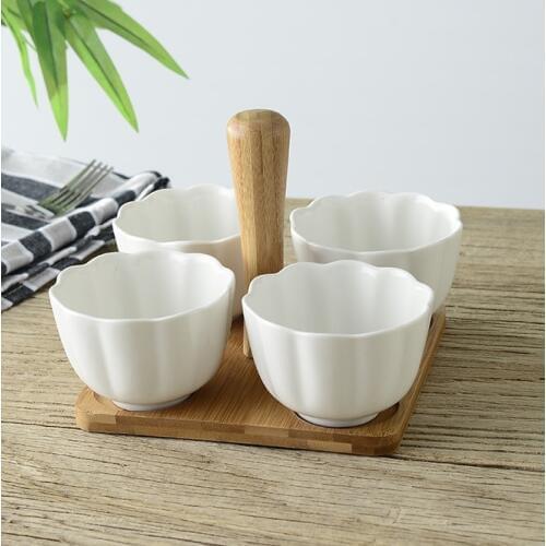Ceramic Pumpkin Serving Bowl Set with Bamboo Stand Decorative Porcelain Condiment Dish Tableware for Nuts, Sweety and Sauce