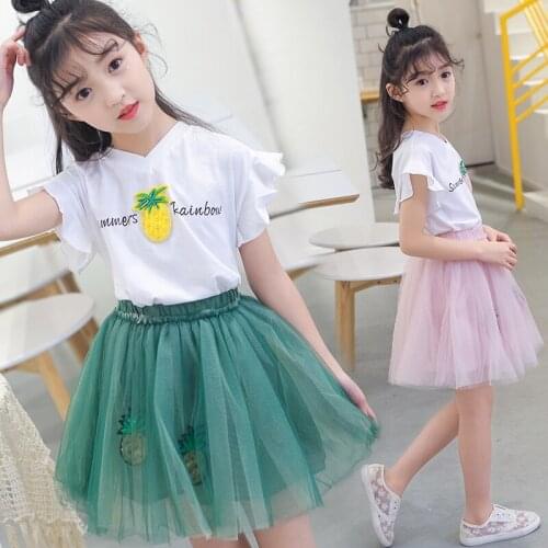 Girls Top And Skirt Set Summer Clothes New Arrivals 2020 Embroidery Pineapple Cotton Top + Sequined Tutu Skirt Kids Clothing Set
