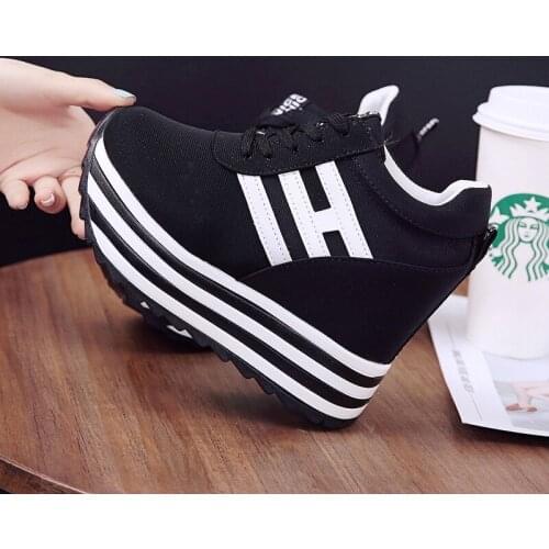 Women Sneakers Fashion Women Height Increasing Breathable Lace-Up Wedges Sneakers Platform Shoes Canvas Woman Casual Shoes 11cm