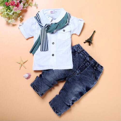 Summer Baby Boy Clothes Casual Shirt Scarf Jeans 3pcs/set Baby Clothing Set Child Kids Costume Kids Boys Toddler Boys Suits Set