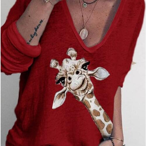 Cute Giraffe Print Shirt Casual Solid Color V-neck Long Sleeves Tops Loose Women T Shirts Plus Size 5XL 2021 Fashion Y2k Top